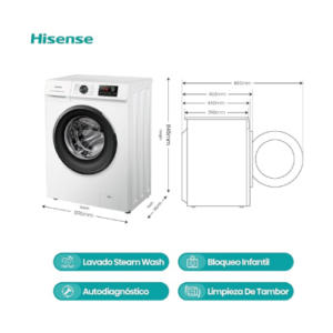 Hisense- Lavadora con Vapor, Carga Frontal 7 Kg, 1200 rpm, 15 Programas, Control inteligente,Display LED.