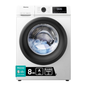 Hisense – Lavadora 8 Kg, 1400 rpm, 15 Programas Automáticos, Vapor, Clase A+, Pantalla LED, Programa Rápido