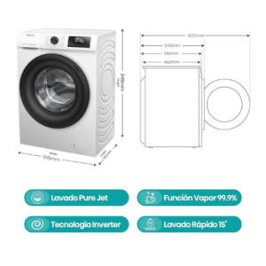 Hisense – Lavadora 8 Kg, 1400 rpm, 15 Programas Automáticos, Vapor, Clase A+, Pantalla LED, Programa Rápido